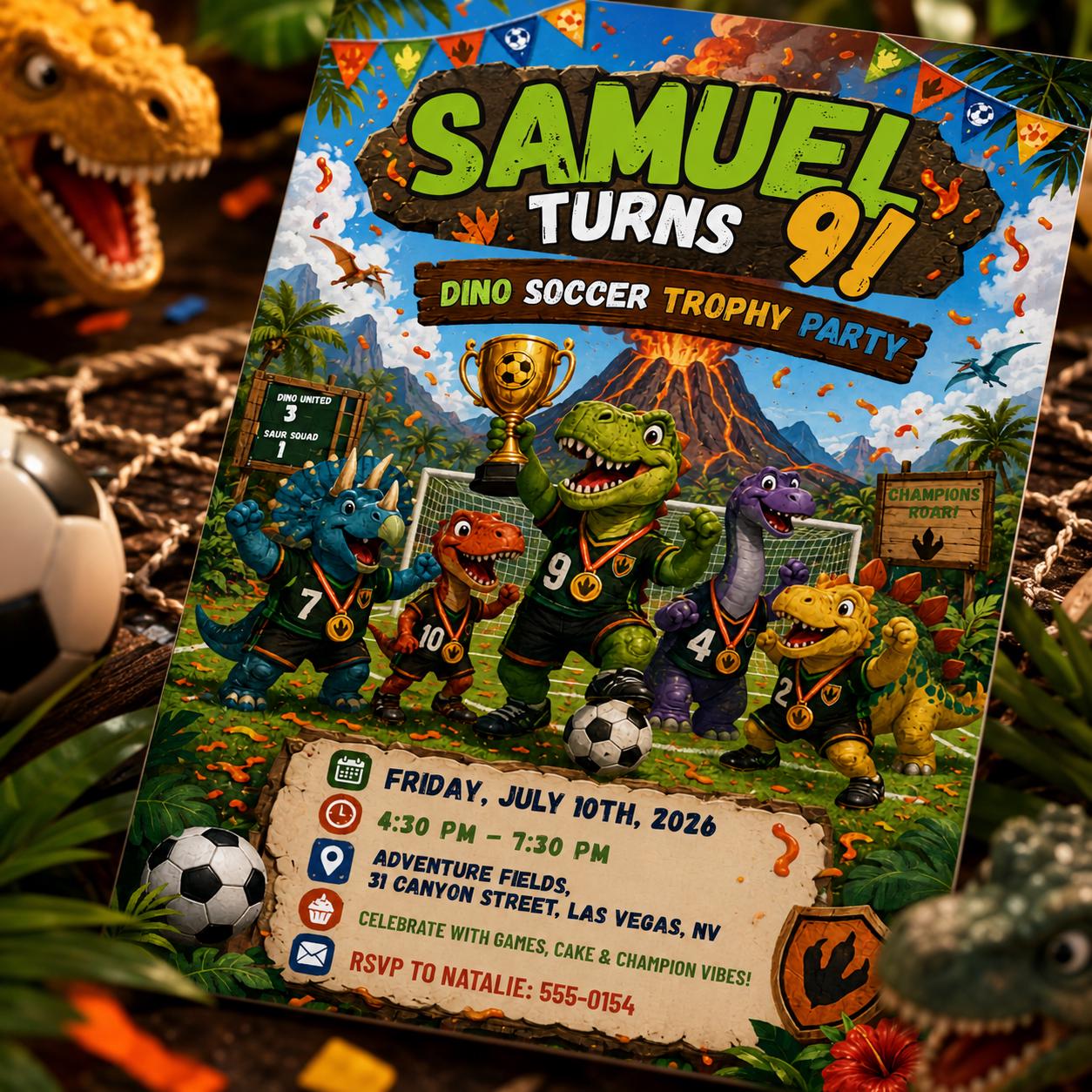 Dino Soccer Trophy Birthday Invitation, Editable Jurassic Soccer Party Invite, Boy 9th Birthday Dinosaur Template, Printable Digital __etsy:8131777284