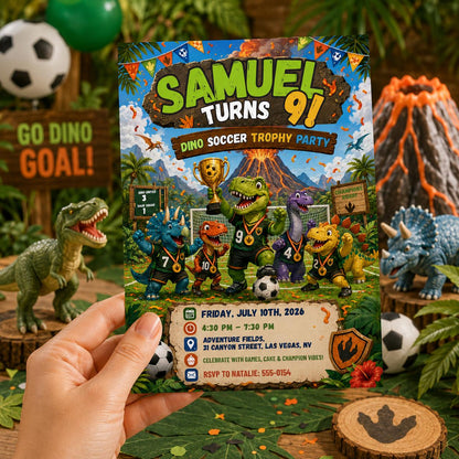 Dino Soccer Trophy Birthday Invitation, Editable Jurassic Soccer Party Invite, Boy 9th Birthday Dinosaur Template, Printable Digital __etsy:8131777286