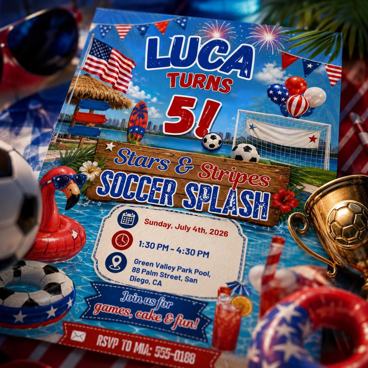 Stars And Stripes Soccer Splash Birthday Invitation, Editable 4th July Pool Party Invite, Boy 5th Birthday Patriotic, Soccer Pool Party __etsy:8131778430