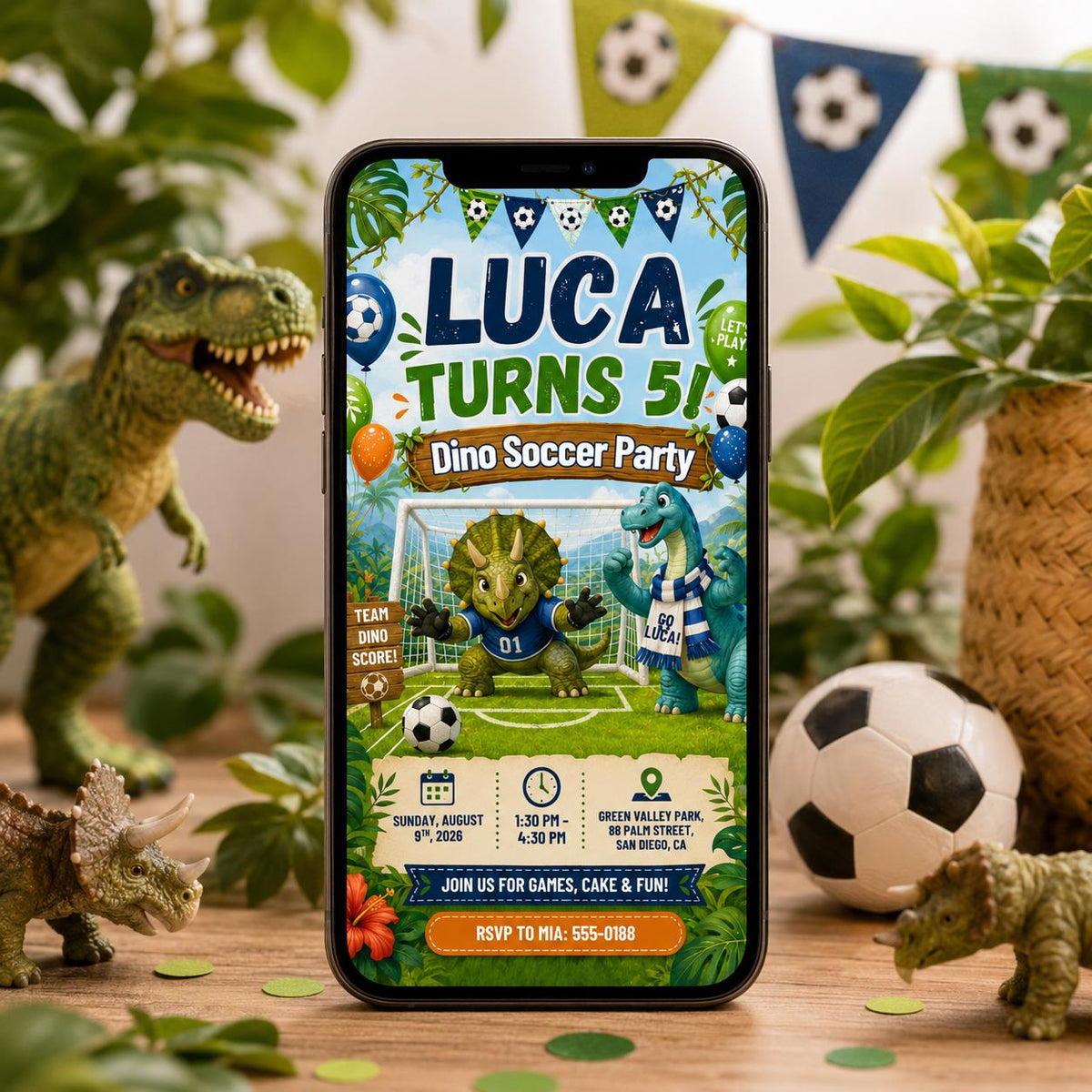 Watercolor Dino Soccer Party 5th Birthday Invitation for Boys — digital invitation, instant download