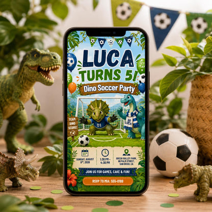 Watercolor Dino Soccer Party 5th Birthday Invitation for Boys — digital invitation, instant download