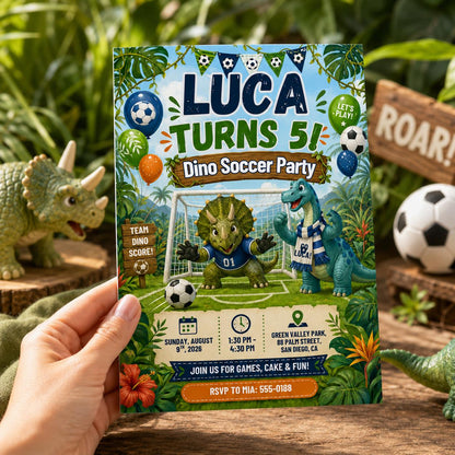 Watercolor Dino Soccer Party 5th Birthday Invitation for Boys — print-ready 5th birthday party design from VoltBy