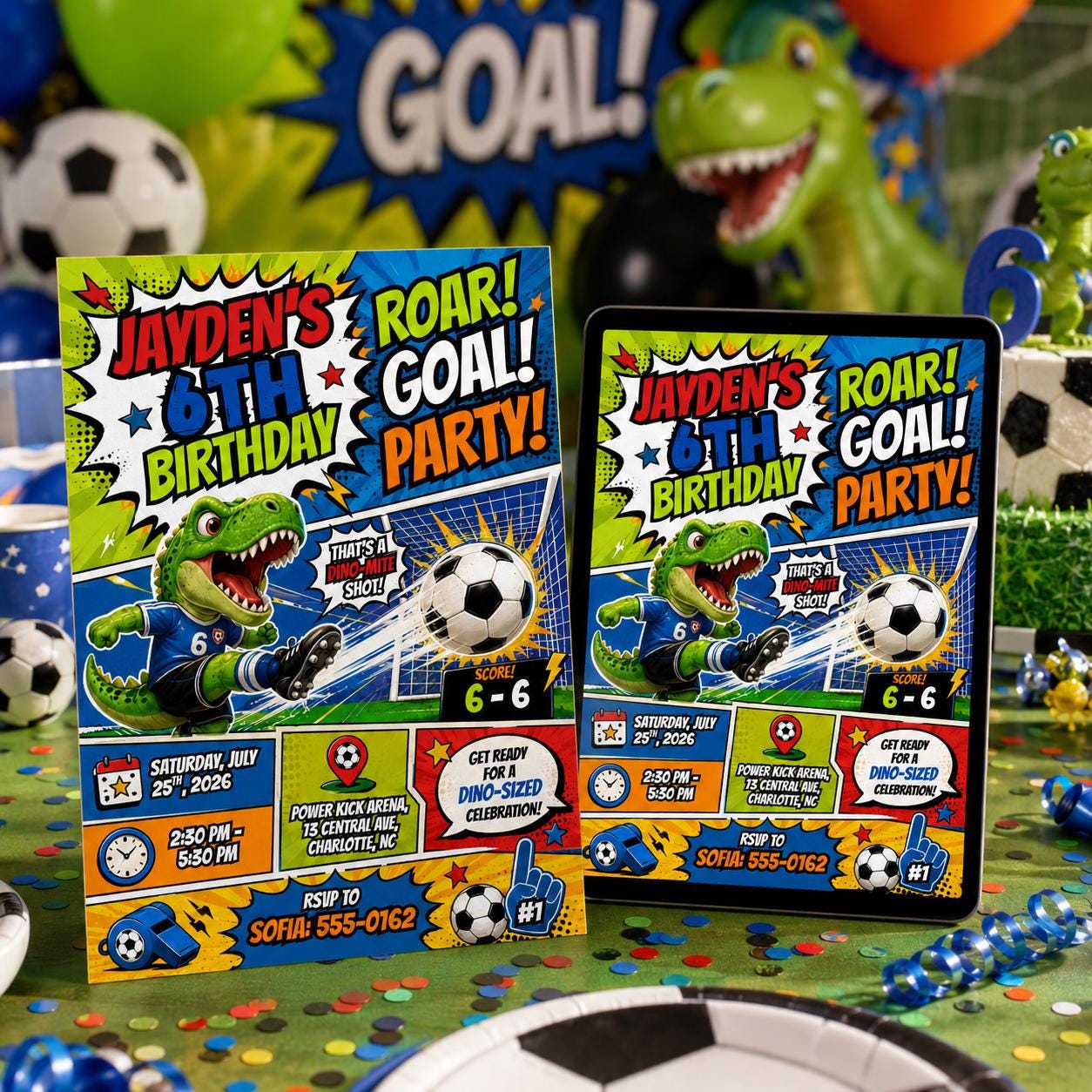 Roar Goal Party Birthday Invitation, Dino Soccer Comic Book Party Invite, Boy 6th Birthday Template, Dinosaur Soccer Birthday Invitation __etsy:8131877014
