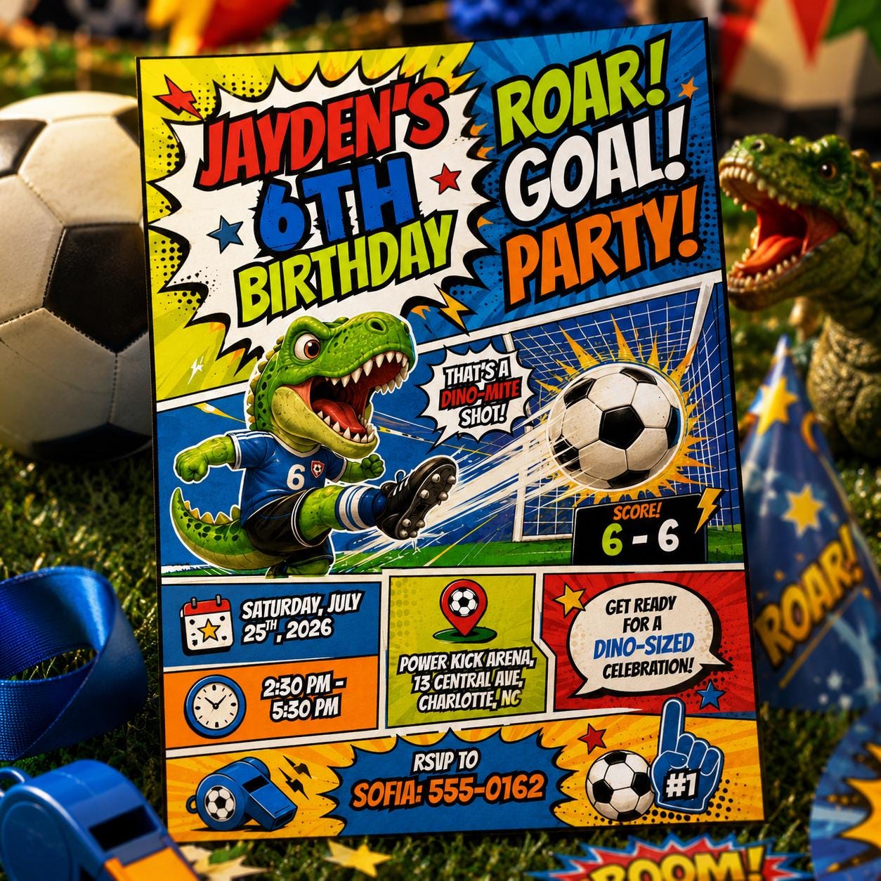 Roar Goal Party Birthday Invitation, Dino Soccer Comic Book Party Invite, Boy 6th Birthday Template, Dinosaur Soccer Birthday Invitation __etsy:8131877042