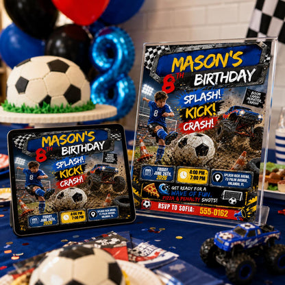 Splash Kick Crash Birthday Invitation, Editable Soccer Monster Truck Party Invite, Boy 8th Birthday Arena Template Splash Kick Monster Truck __etsy:8131877386
