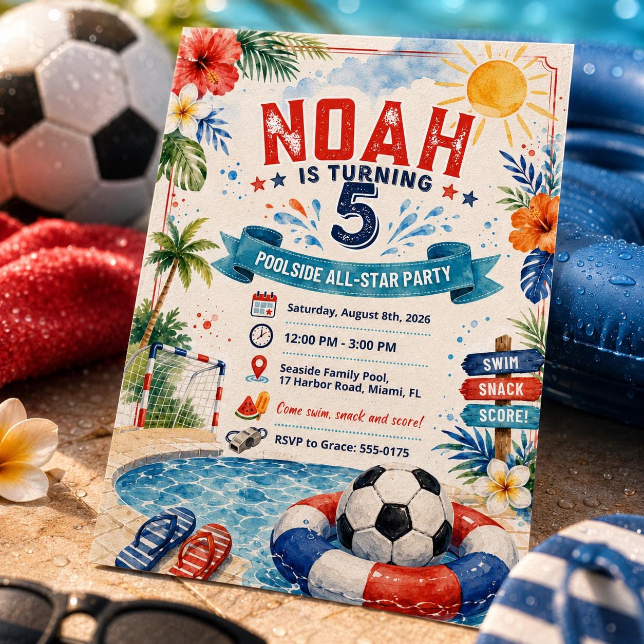 Poolside All Star Birthday Invitation, Editable Watercolor Soccer Pool Party Invite, Boy 5th Birthday Tropical Template, Poolside All-Star __etsy:8131878372