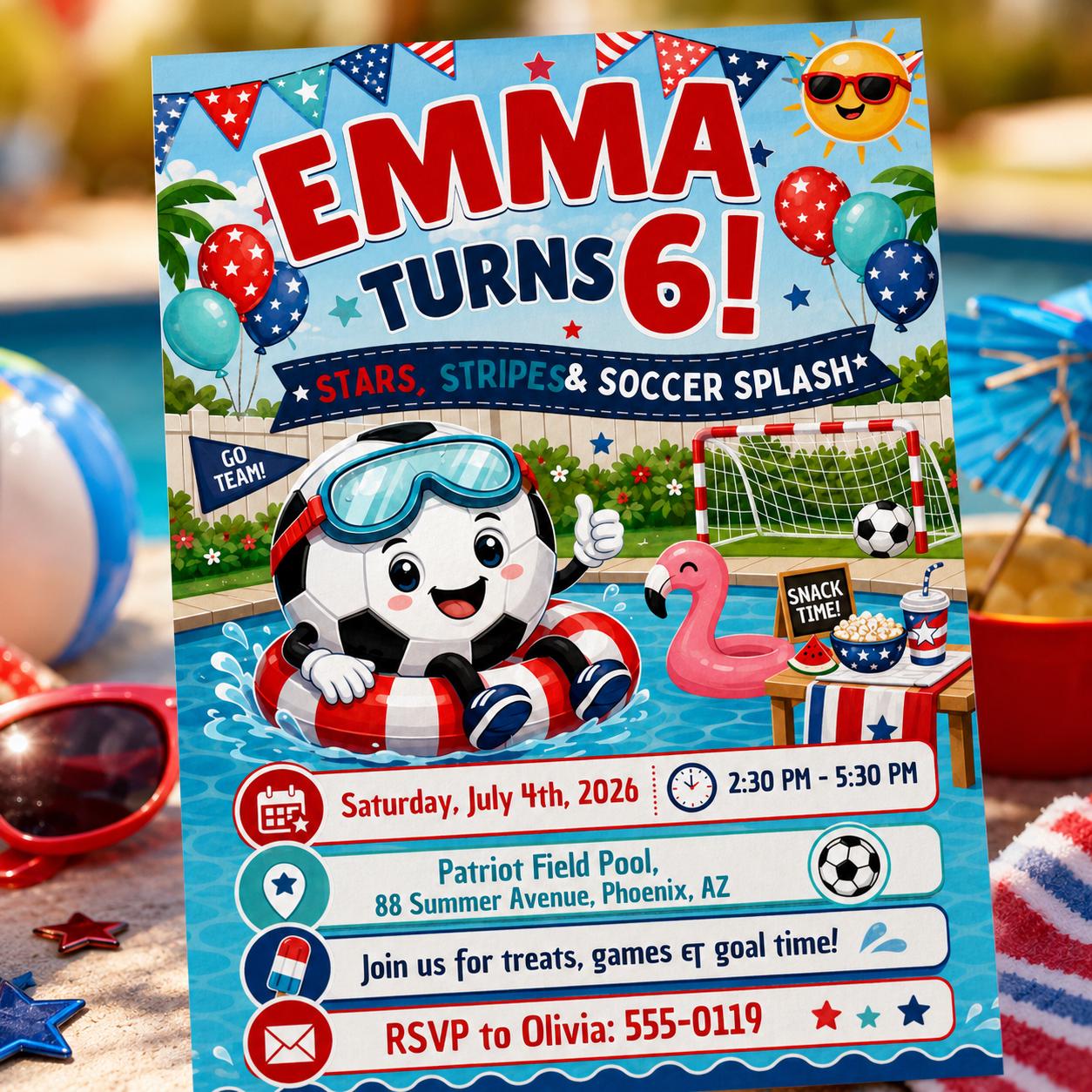 Stars Stripes Soccer Splash Birthday Invitation, Editable 4th July Pool Party Invite, Girl 6th Bday Patriotic Template, Printable __etsy:8131879012