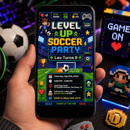 Level Up Soccer Birthday Invitation, Editable Pixel Gamer Party Invite, Boy 8th Birthday Arcade Theme Template, Printable Digital __etsy:8131879780