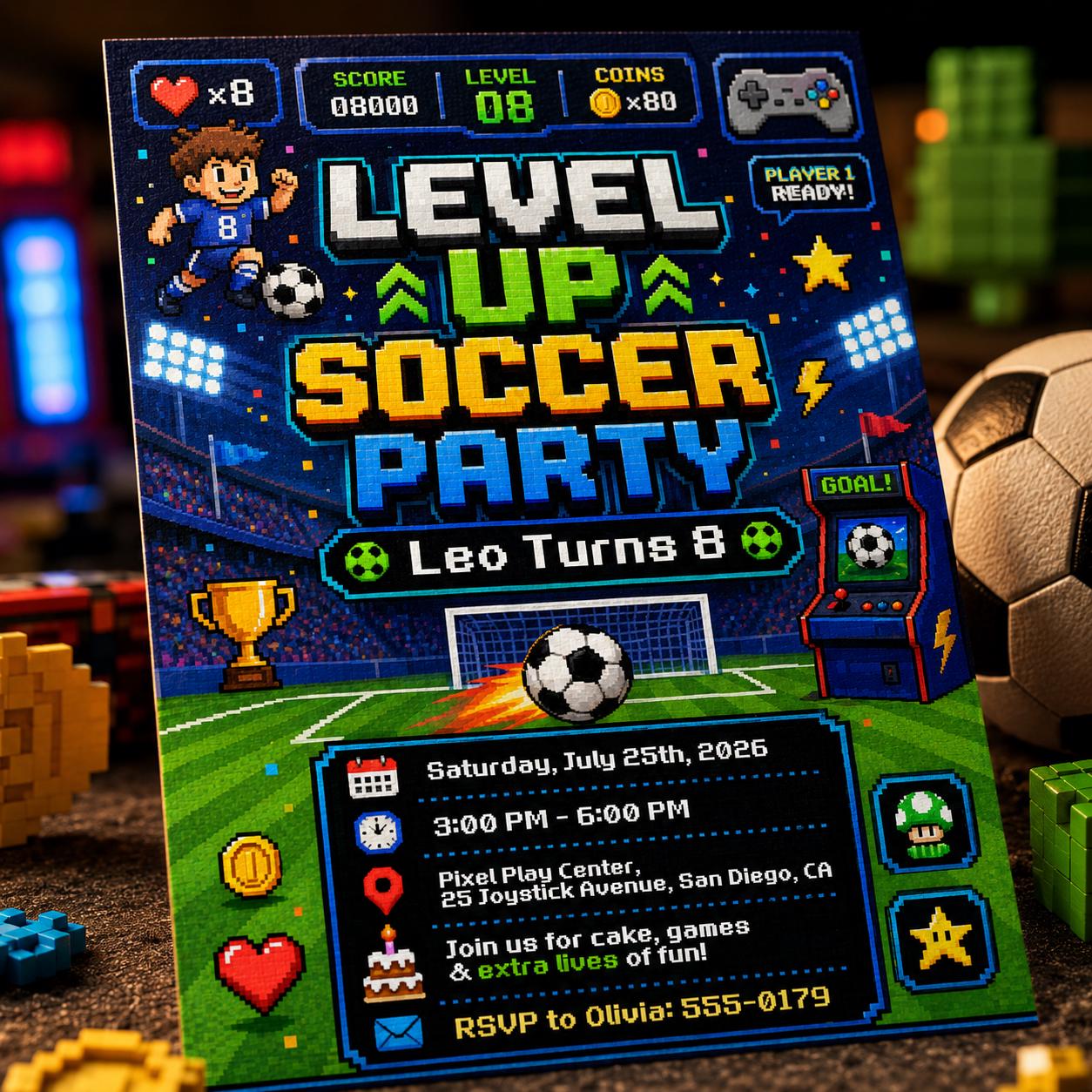 Level Up Soccer Birthday Invitation, Editable Pixel Gamer Party Invite, Boy 8th Birthday Arcade Theme Template, Printable Digital __etsy:8131879792