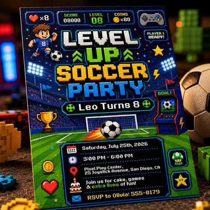Level Up Soccer Birthday Invitation, Editable Pixel Gamer Party Invite, Boy 8th Birthday Arcade Theme Template, Printable Digital __etsy:8131879792