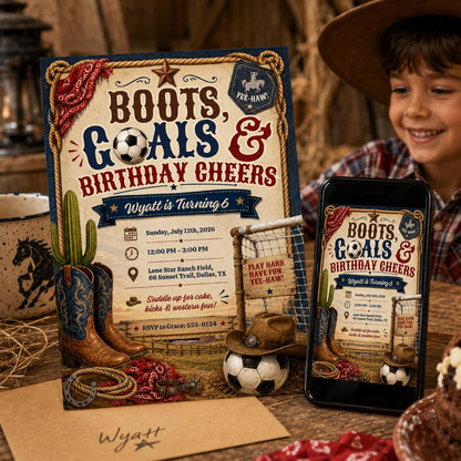 Boots Goals And Cheers Birthday Invitation, Editable Western Soccer Party Invite, Boy 6th Birthday Cowboy Template, Western Soccer Theme __etsy:8131880162