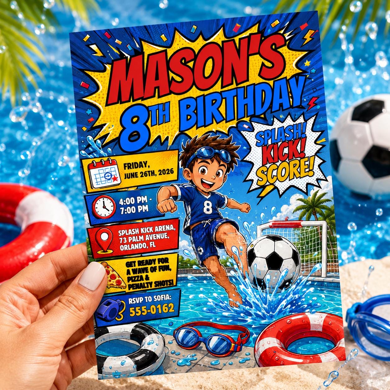 Soccer Pool Party Birthday Invitation, Editable Splash Kick Score Party Invite, Boy 8th Birthday Summer Template, Canva Digital Download __etsy:8132077098