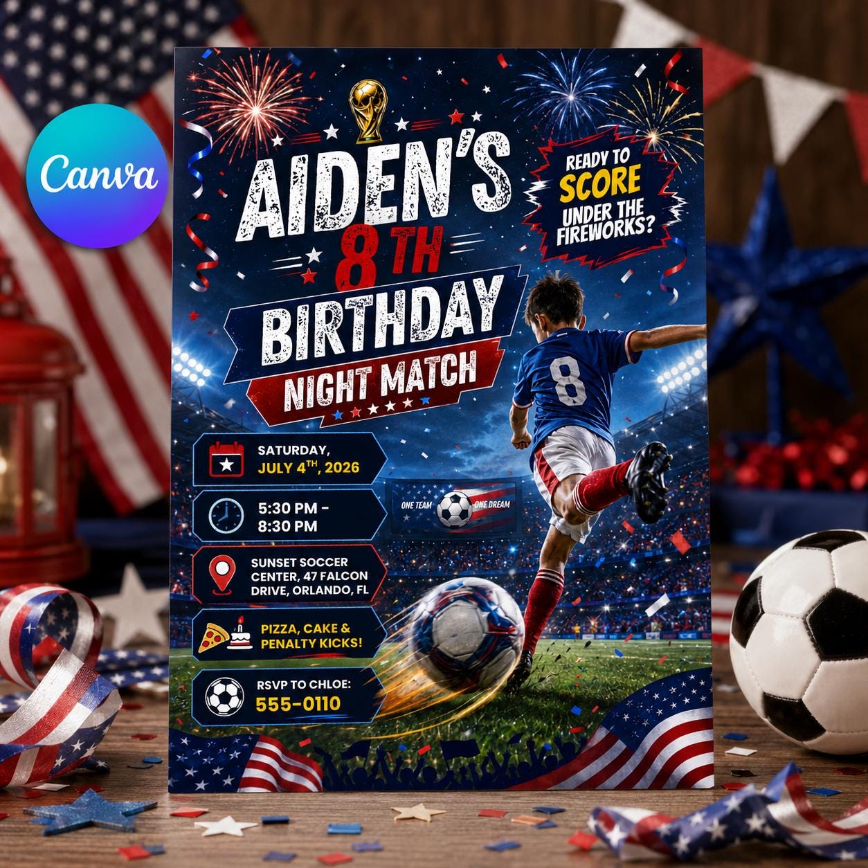 Patriotic Soccer Birthday Invitation, Editable Night Match Party Invite, Boy 8th Birthday Template, 4th of July Fireworks, Canva Download __etsy:8132077842
