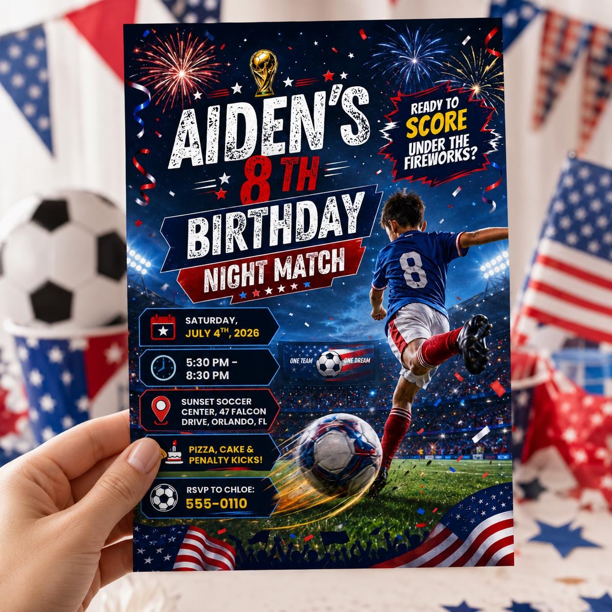 Patriotic Soccer Birthday Invitation, Editable Night Match Party Invite, Boy 8th Birthday Template, 4th of July Fireworks, Canva Download __etsy:8132077850