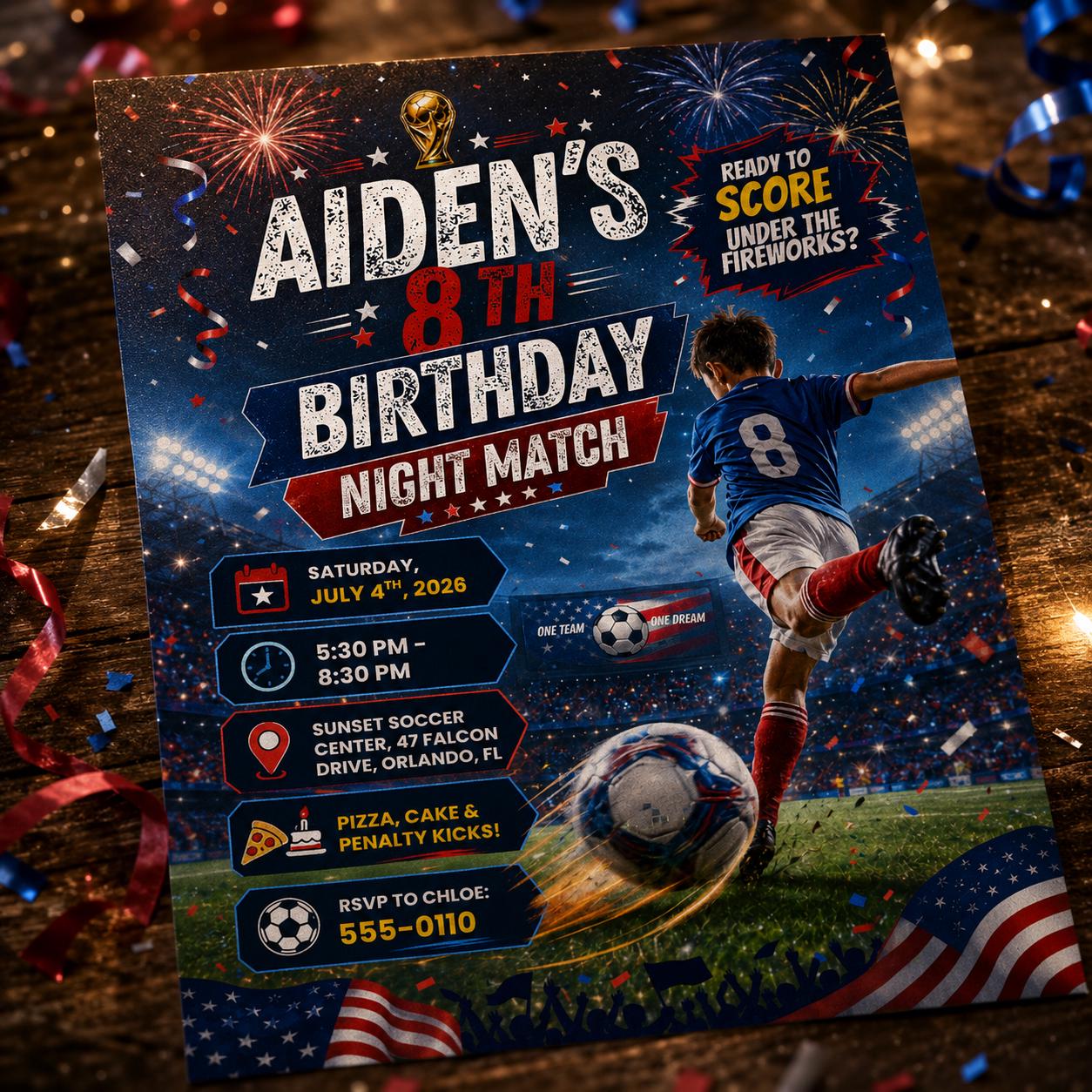 Patriotic Soccer Birthday Invitation, Editable Night Match Party Invite, Boy 8th Birthday Template, 4th of July Fireworks, Canva Download __etsy:8132077868
