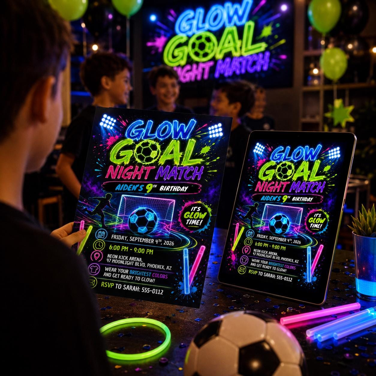 Glow Soccer Birthday Invitation, Editable Neon Night Match Party Invite, Boy 9th Birthday Template, Glow in the Dark, Canva Digital Download __etsy:8132078110