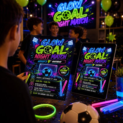 Glow Soccer Birthday Invitation, Editable Neon Night Match Party Invite, Boy 9th Birthday Template, Glow in the Dark, Canva Digital Download __etsy:8132078110
