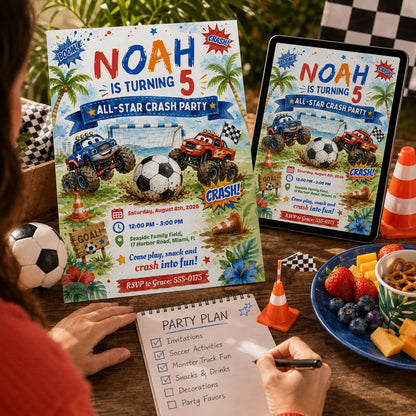 Monster Truck Soccer Birthday Invitation, Editable All Star Crash Party Invite, Boy 5th Birthday Beach Bash Template, Canva Digital Download __etsy:8132078558