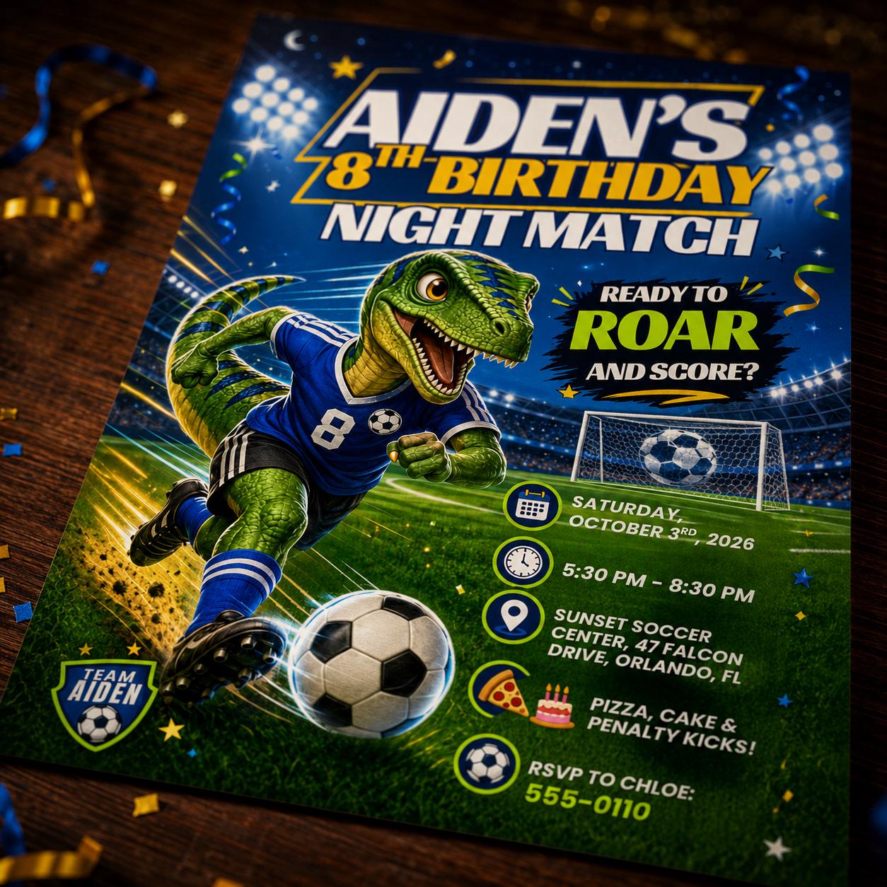 Dino Soccer Birthday Invitation, Editable T-Rex Night Match Party Invite, Boy 8th Birthday Template, Roar and Score, Canva Digital Download __etsy:8132080324