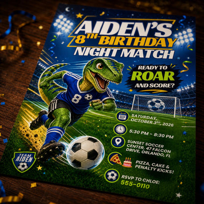 Dino Soccer Birthday Invitation, Editable T-Rex Night Match Party Invite, Boy 8th Birthday Template, Roar and Score, Canva Digital Download __etsy:8132080324
