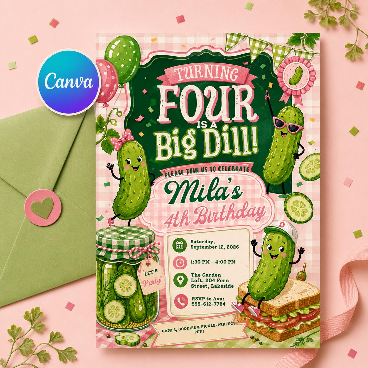 4th Birthday Invitation Girl, Turning Four Is a Big Dill Invite, Editable Canva Pickle Birthday Invitation, Funny Kids Birthday Invite __etsy:8132755027