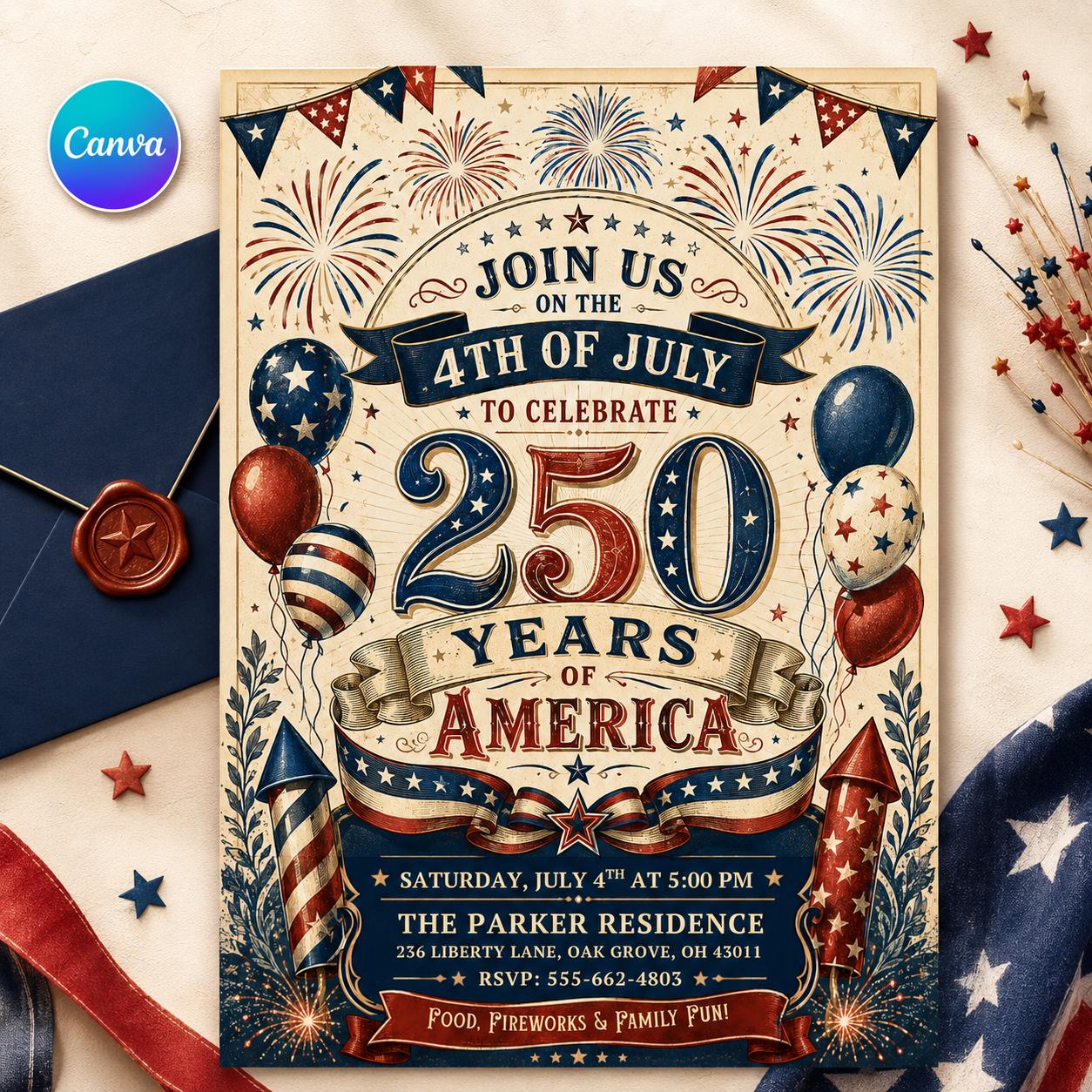 Red, White & Due Baby Shower Invitation Template, America 250th Anniversary Invitation Template 4th of July Party Invitation, Canva Template __etsy:8132768615