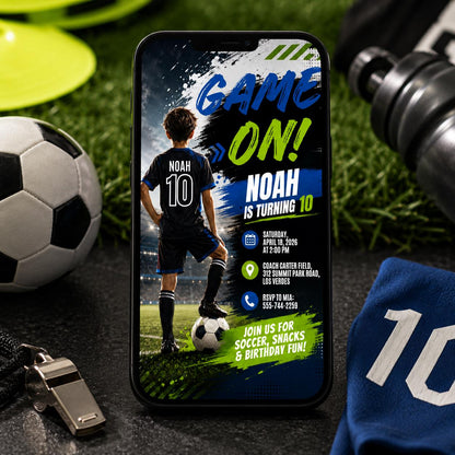 Soccer Birthday Invitation, Let's Kick It Party Invite, Kids Football Birthday, Sports Theme Boy, Game On Party Invite Canva Template __etsy:8132768961
