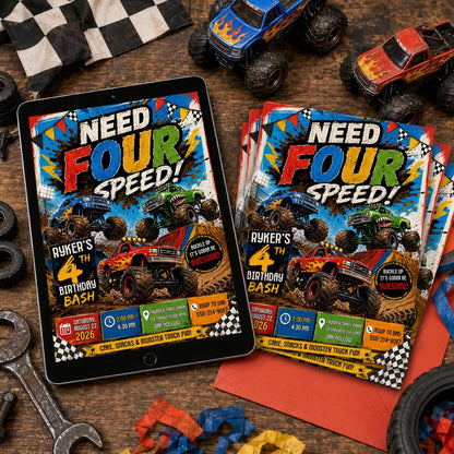 Need Four Speed Monster Truck Birthday Invitation — pool design