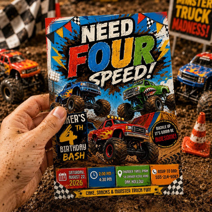 Need Four Speed Monster Truck Birthday Invitation — pool artwork in blue and red