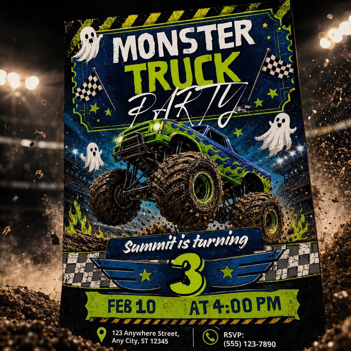 Ghost Monster Truck 3rd Birthday Invitation — invitation you personalize in Canva
