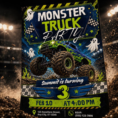 Ghost Monster Truck 3rd Birthday Invitation — invitation you personalize in Canva