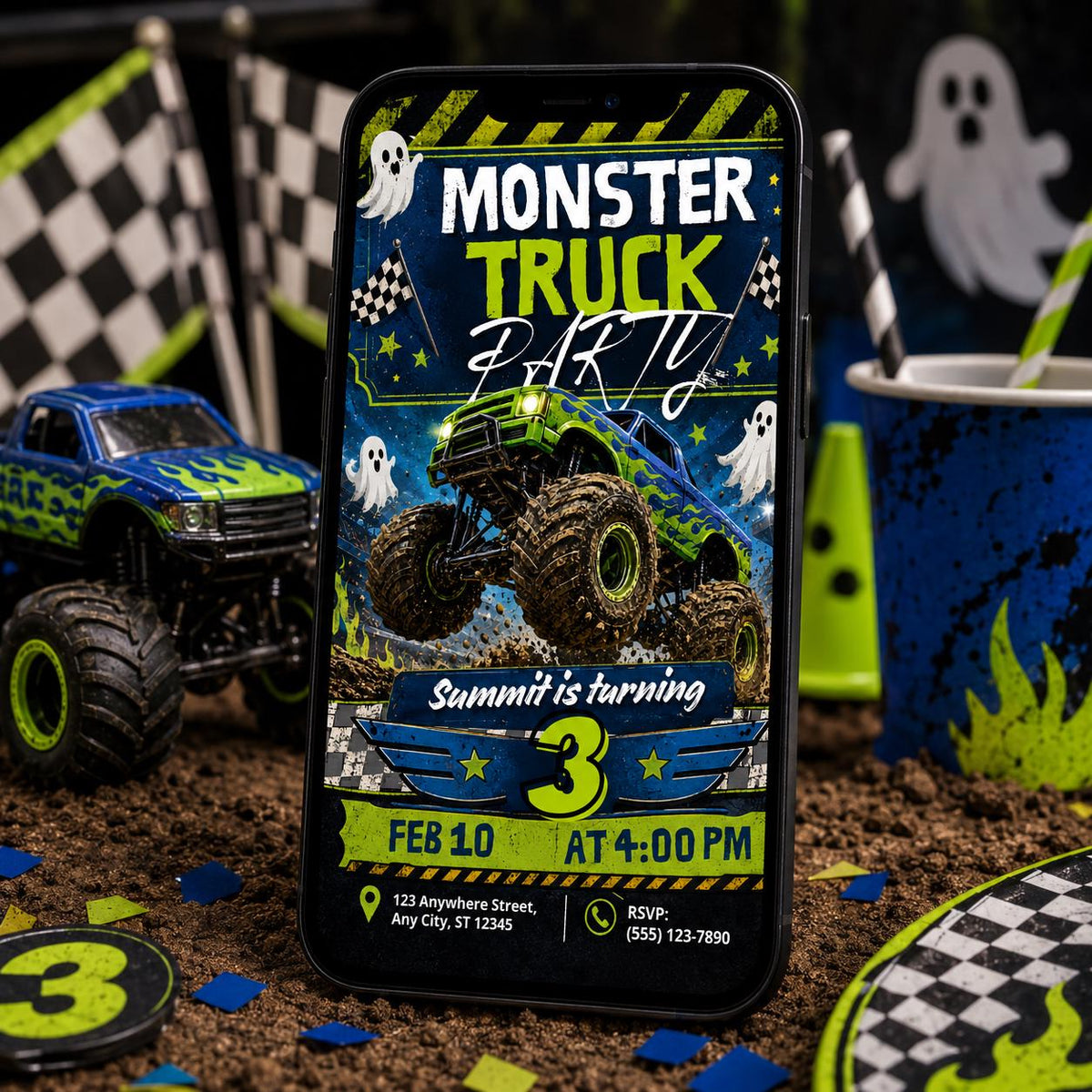Ghost Monster Truck 3rd Birthday Invitation — 3rd birthday party stationery by VoltBy