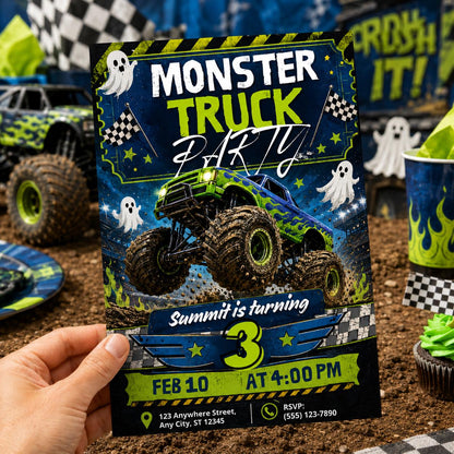 Ghost Monster Truck 3rd Birthday Invitation — digital invitation, instant download