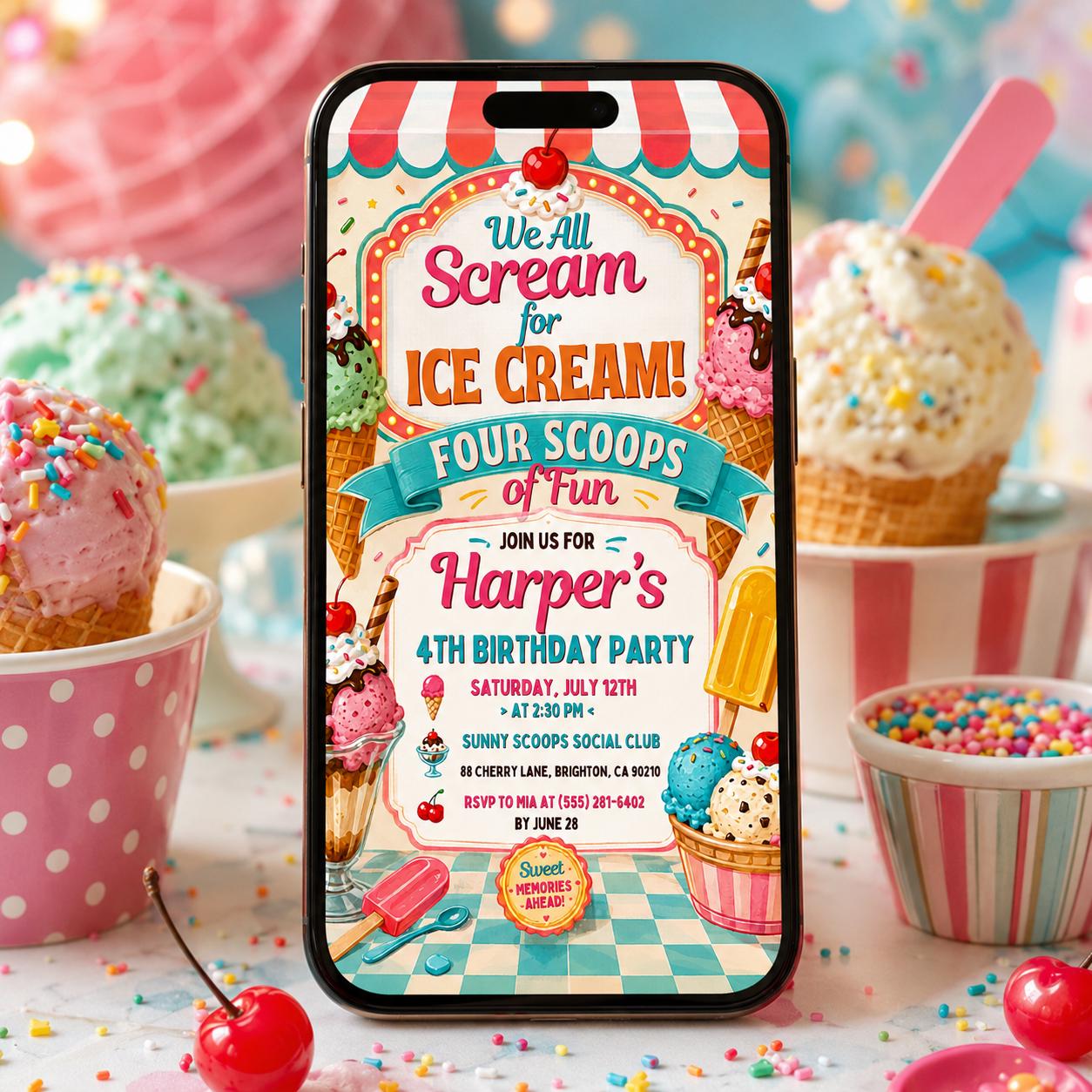 Editable Ice Cream Birthday Invitation I scream You Scream We All Scream Four Ice Cream 4th Birthday Invite Pink Ice Cream Party, Canva __etsy:8134442463