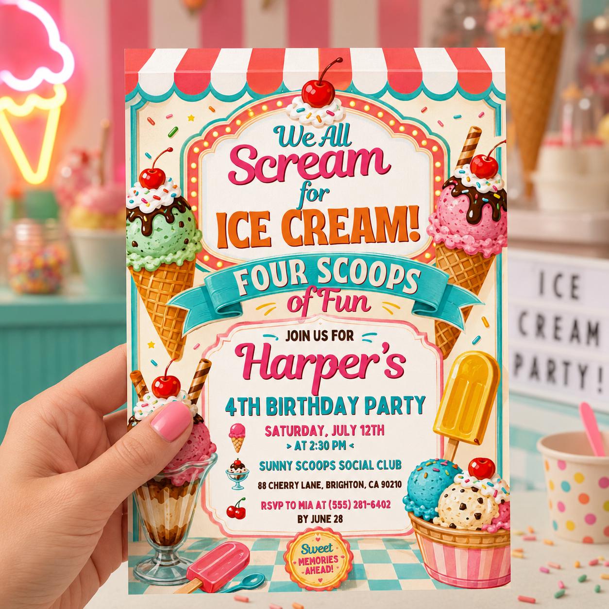Editable Ice Cream Birthday Invitation I scream You Scream We All Scream Four Ice Cream 4th Birthday Invite Pink Ice Cream Party, Canva __etsy:8134442475