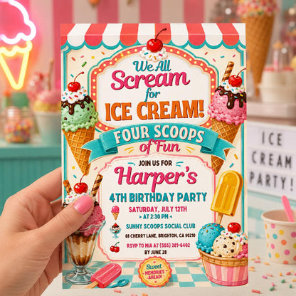 Editable Ice Cream Birthday Invitation I scream You Scream We All Scream Four Ice Cream 4th Birthday Invite Pink Ice Cream Party, Canva __etsy:8134442475