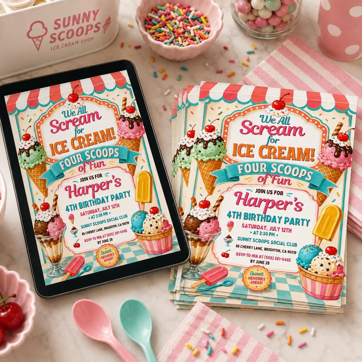 Editable Ice Cream Birthday Invitation I scream You Scream We All Scream Four Ice Cream 4th Birthday Invite Pink Ice Cream Party, Canva __etsy:8134442583