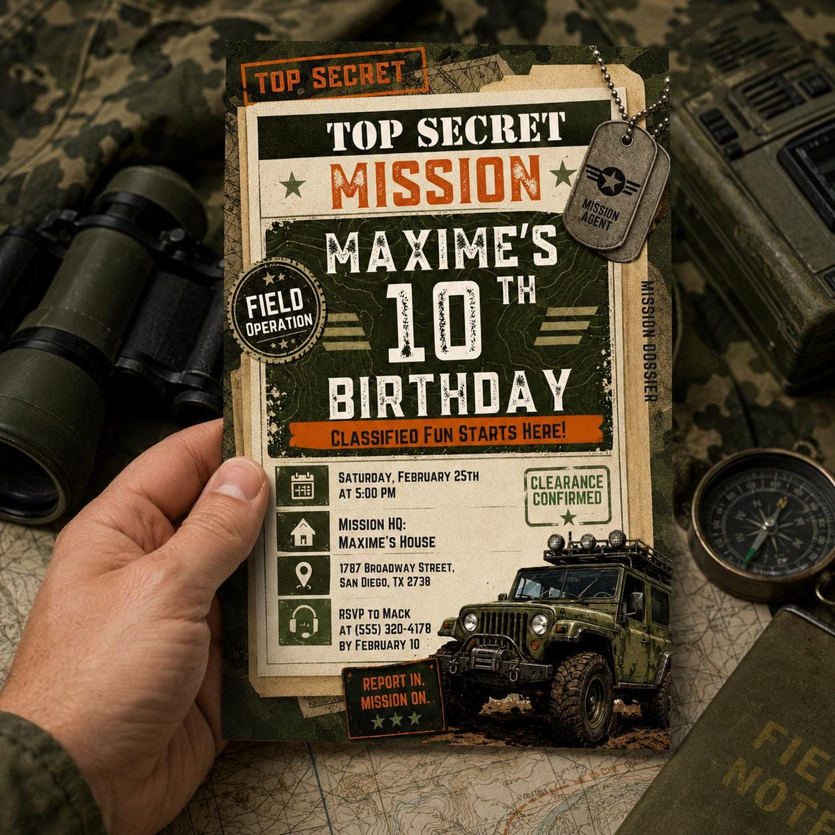 Top Secret Army Mission 10th Birthday Invitation — invitation you personalize in Canva