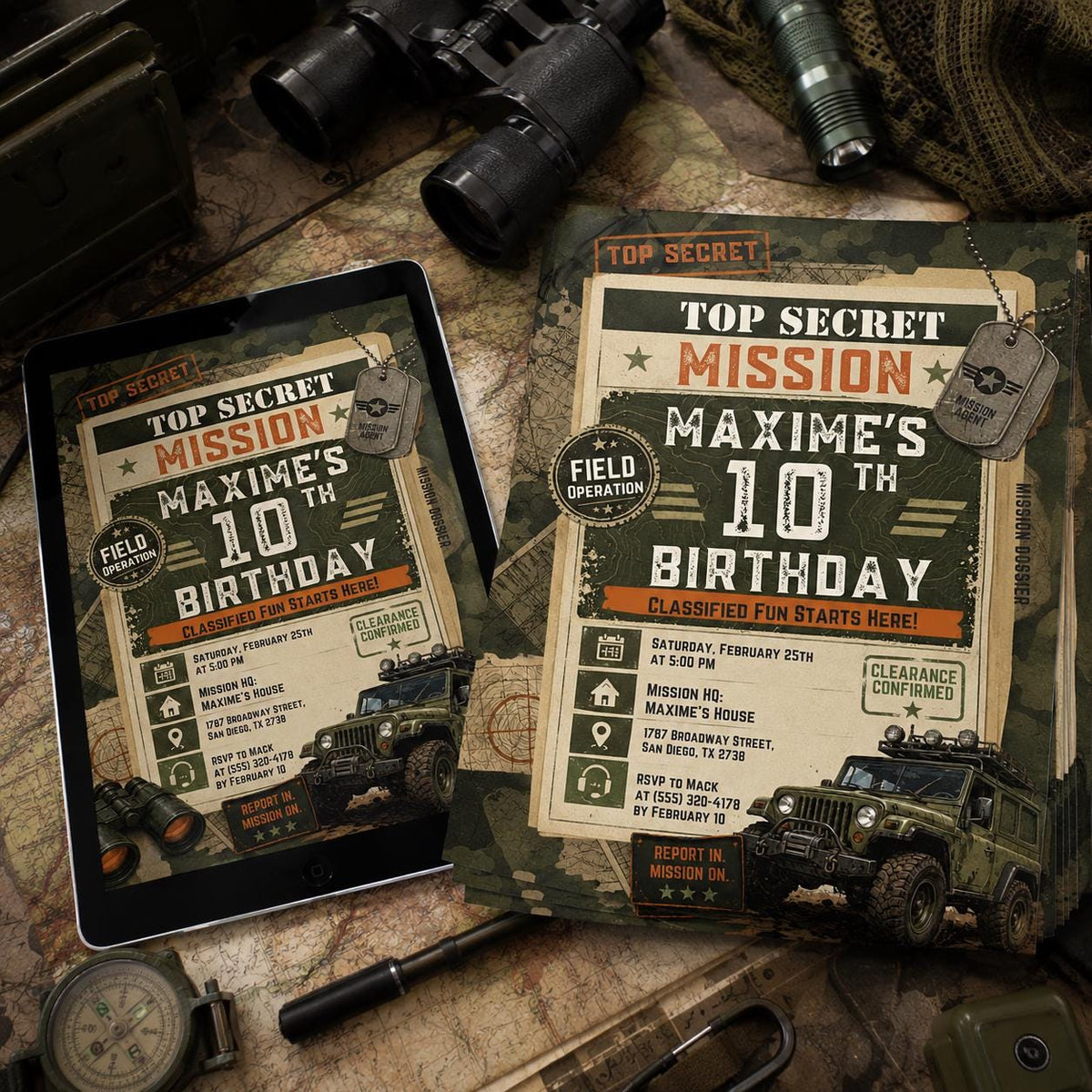 Top Secret Army Mission 10th Birthday Invitation — puppy artwork in cream and green