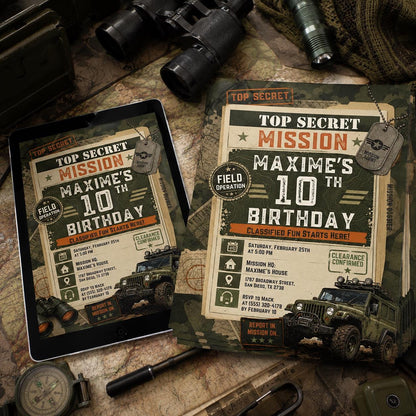 Top Secret Army Mission 10th Birthday Invitation — puppy artwork in cream and green