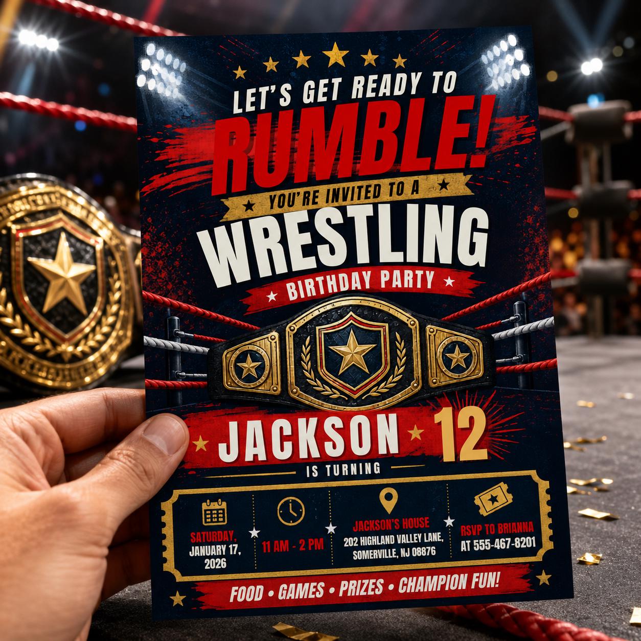 Wrestling Birthday Invitation, Ready to Rumble Party Invite, Editable Canva Template, Boys Champion 12th Birthday Party Invite Digital Party __etsy:8150306913