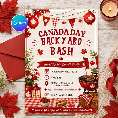Canada Day Invitation, Backyard BBQ Party Invite, Red White Summer Bash, Maple Leaf Picnic, Editable Canva Template Printable Invite Decor!! __etsy:8153170127