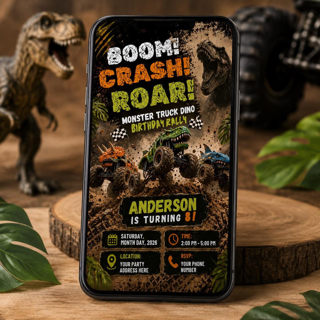 Editable Dinosaur Monster Truck Birthday Invitation, Dino Rally Party Invite, Canva Template, Printable Dino four invite, Three rex invite __etsy:8153743597