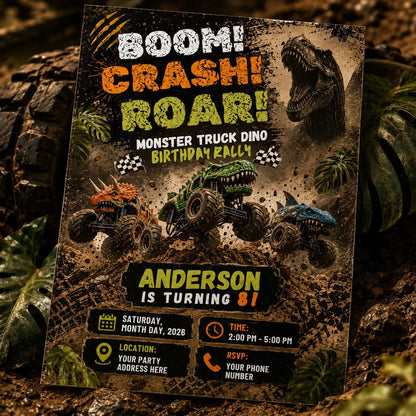 Editable Dinosaur Monster Truck Birthday Invitation, Dino Rally Party Invite, Canva Template, Printable Dino four invite, Three rex invite __etsy:8153743609