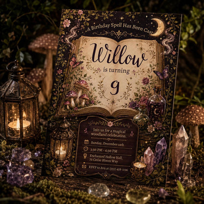 Editable Magic Spell Birthday Invitation Template, Woodland Fairy Witch Party Canva Invite, Enchanted 9th Birthday, invitation Girl DIY __etsy:8153744549