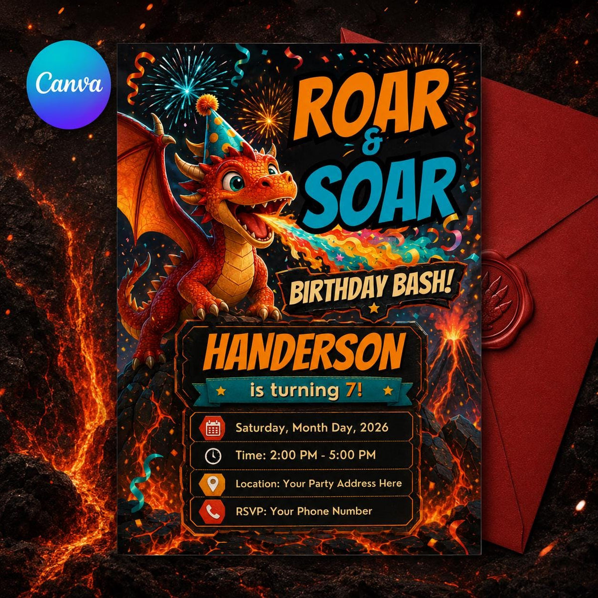 Dragon Birthday Invitation: Roar and Soar Party — editable Canva template