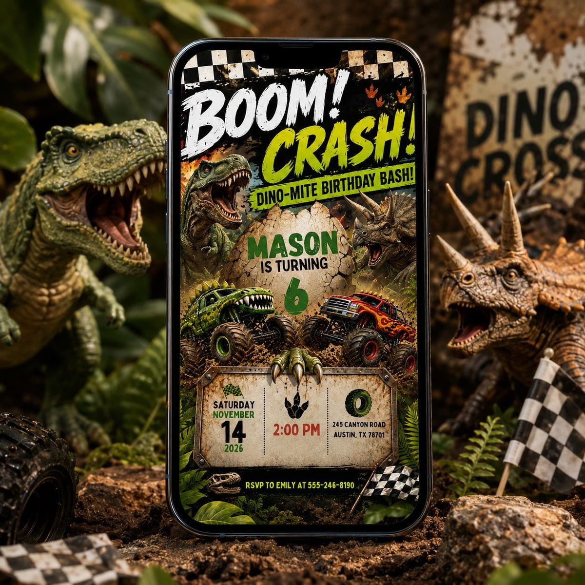 Dinosaur Monster Truck 6th Birthday Invitation — print-ready 6th birthday party design from VoltBy