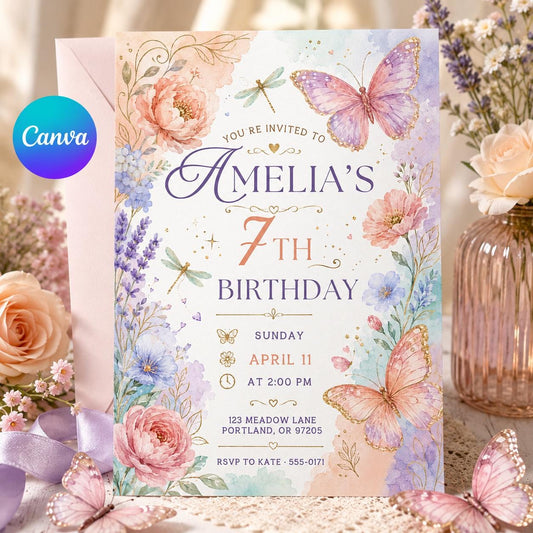 Floral Butterfly 7th Birthday Invitation, Buzz Hop Crawl, Outdoor Invite Nature Theme Party Bugs Birthday Invitation Canva Editable Template