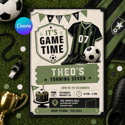 Vintage Soccer Jersey 7th Birthday Invitation — editable Canva template
