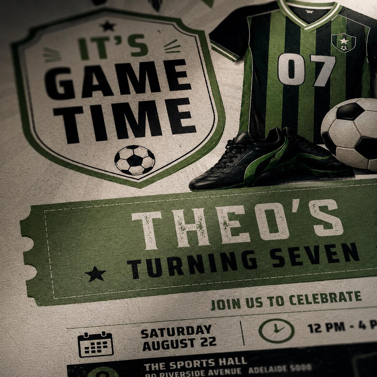 Vintage Soccer Jersey 7th Birthday Invitation — print-ready 7th birthday party design from VoltBy